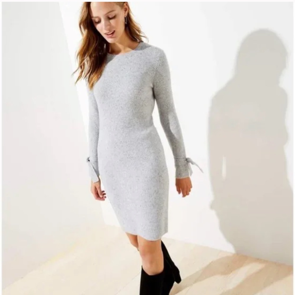 Ann Taylor Loft Gray Confetti Bow Tie Long Sleeve Sweater Dress- Size Small